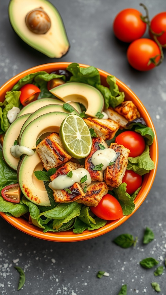 A colorful bowl of grilled chicken salad with avocado slices and lime dressing.
