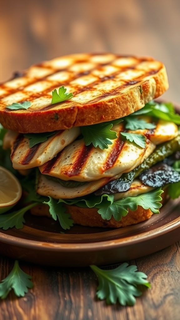 Grilled chicken sandwich with pesto, fresh greens, and tomatoes