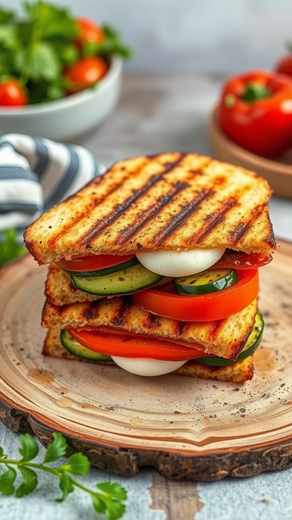A delicious grilled vegetable panini stacked on a wooden board.