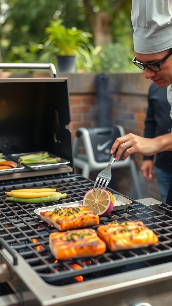A chef grilling salmon fillets on a barbecue with vegetables on the side.