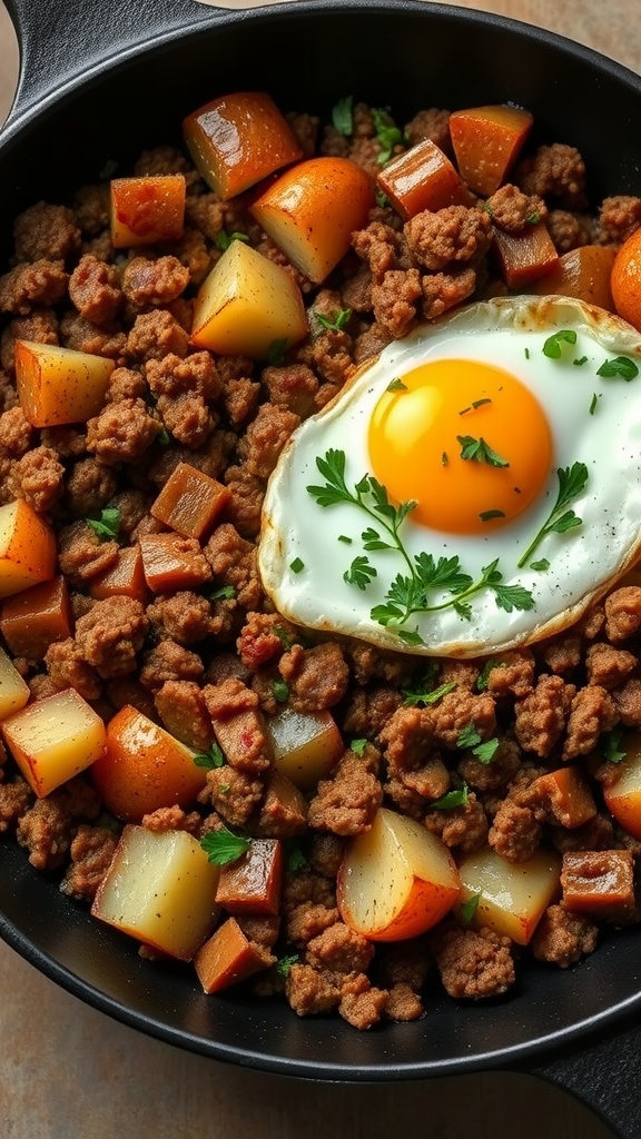A delicious dish of ground beef and diced potatoes topped with a fried egg, garnished with parsley.