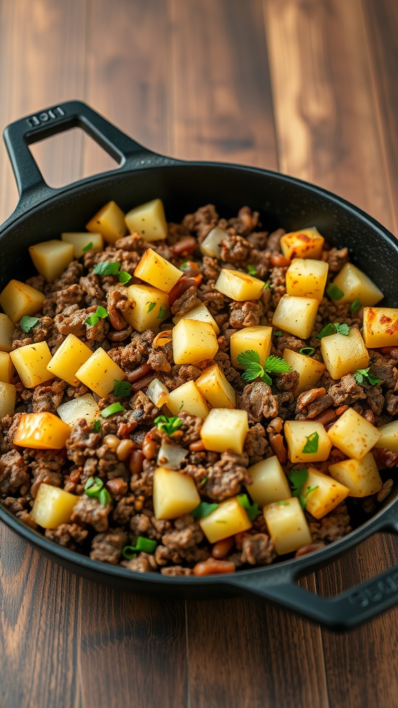 A skillet filled with ground beef and diced potatoes, garnished with fresh herbs.