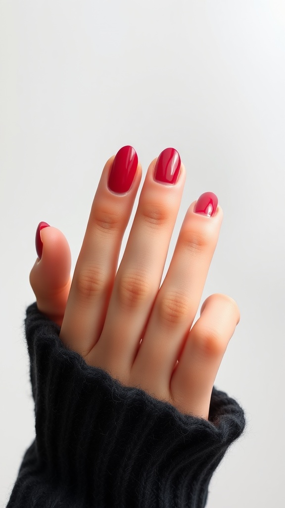 A hand with cherry red half-moon nails, wearing a black ribbed sweater.
