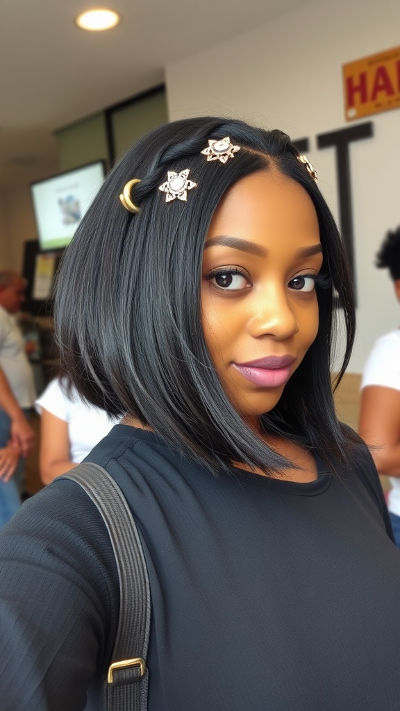 A woman with a half-up bob quick weave hairstyle adorned with stylish hair clips.