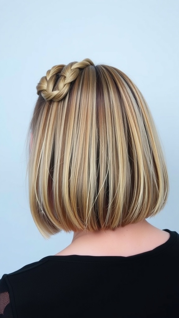 A blonde half-up bob hairstyle featuring a fishbone braid on top.