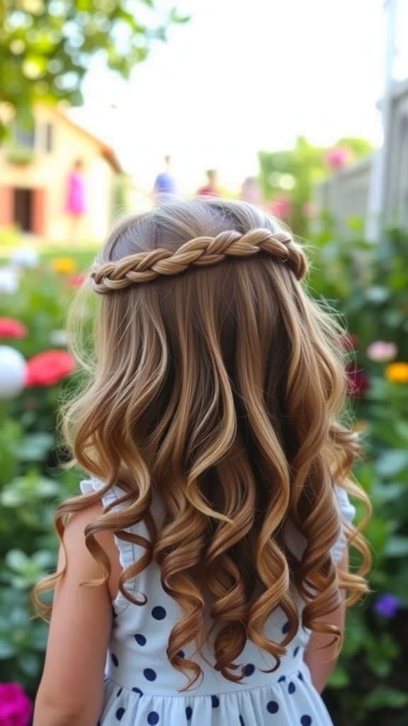 Little girl with a half-up braided crown hairstyle and golden curls in a garden