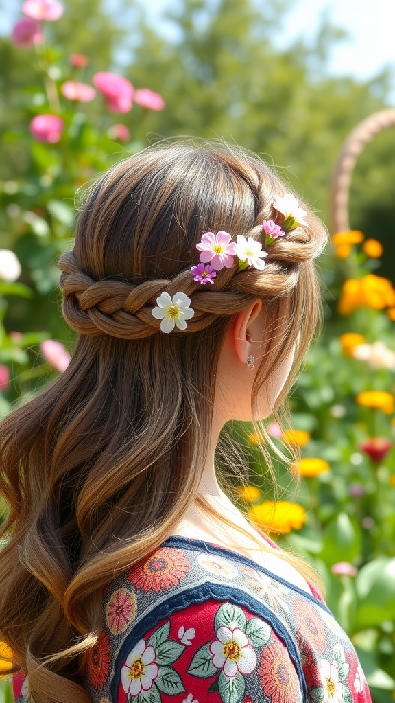 A woman with medium length hair styled in a half-up braided crown adorned with flowers, surrounded by colorful blossoms.
