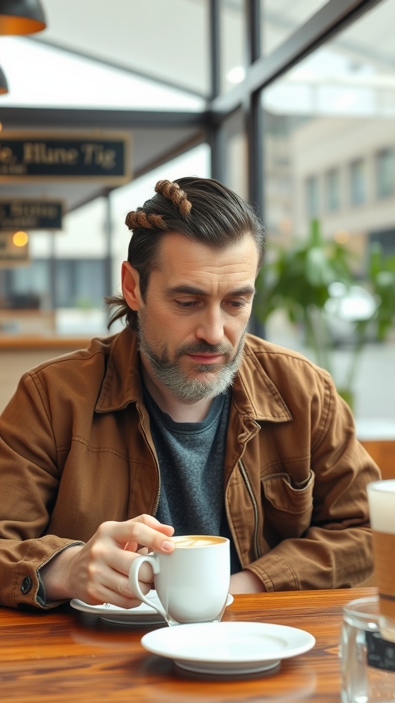 A man with half-up braided hairstyle sitting in a café, holding a coffee cup
