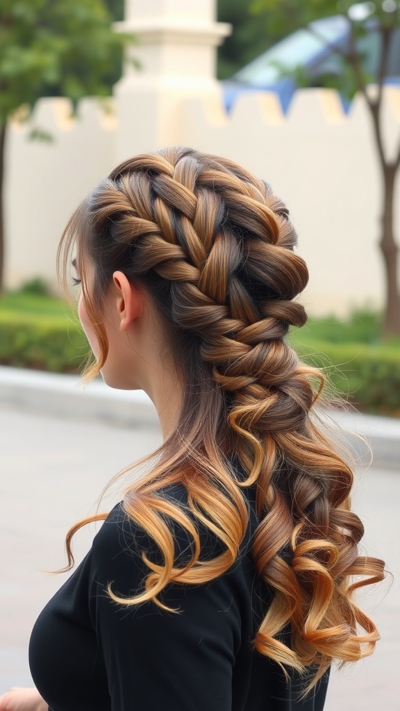 A half-up braided ponytail hairstyle with flowing curls