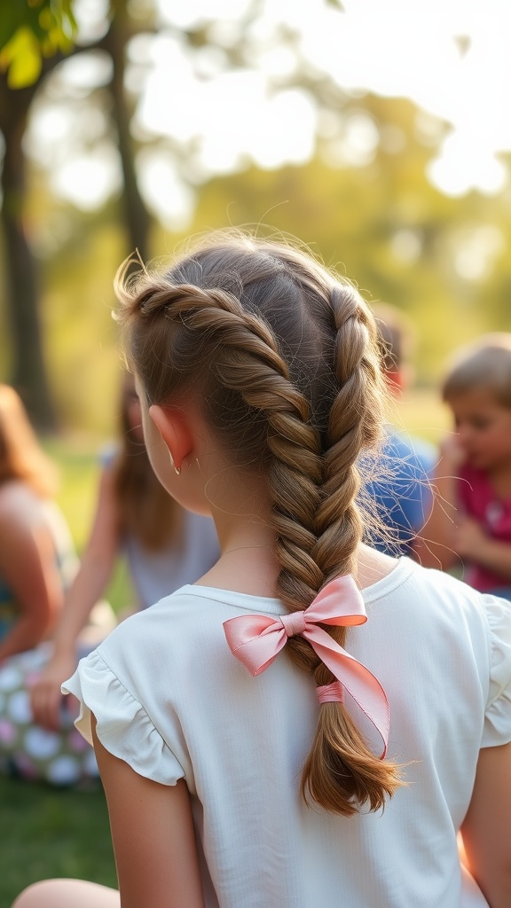 A young girl with a half-up braided hairstyle featuring a pink bow, sitting in a park.