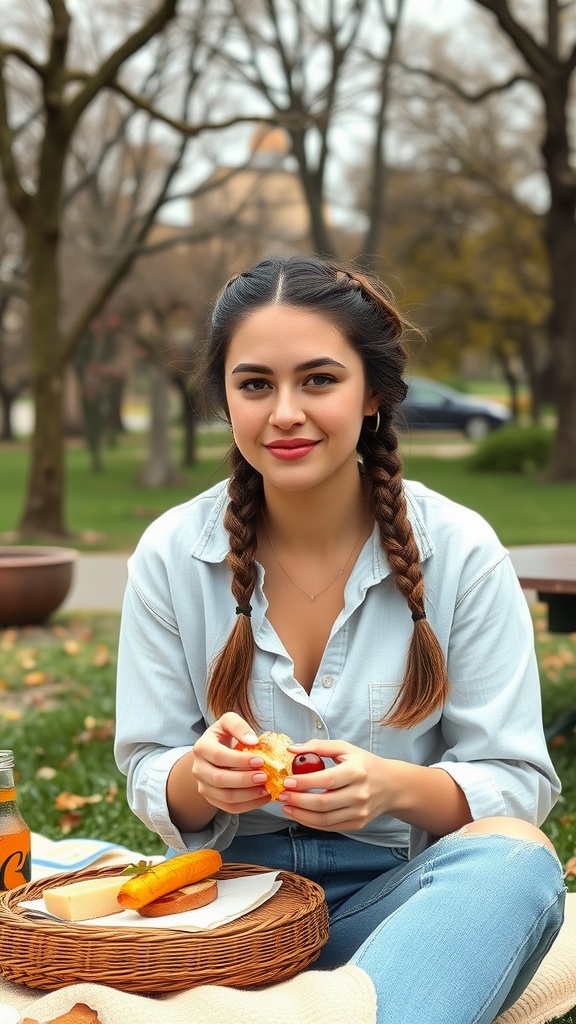 A young person with two braids enjoying a picnic in a park.