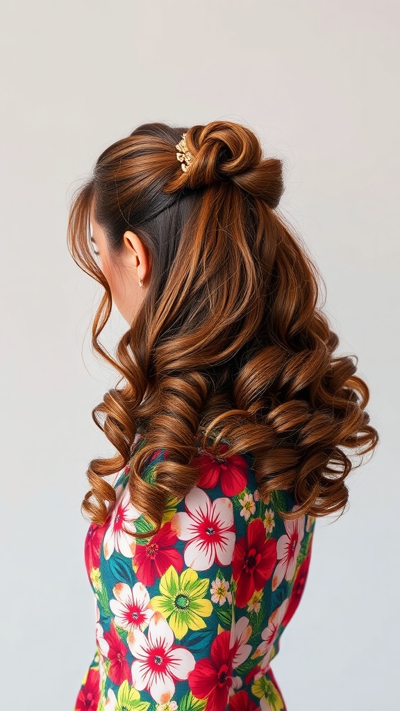 A woman with a half-up curly ponytail and a floral dress