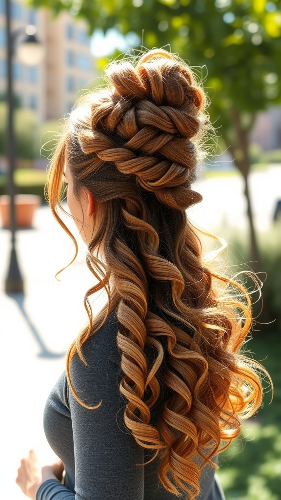 A woman with a half-up curly twist hairstyle featuring cascading curls and a twisted top section.