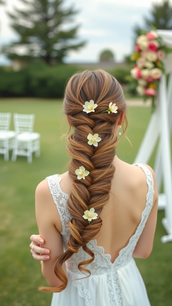 A woman with a half-up fishtail braid adorned with fresh flowers, wearing a white dress, showing a beautiful hairstyle suitable for weddings.