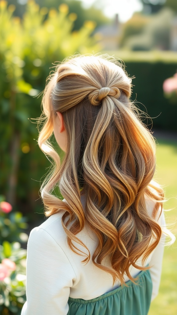 A woman with a half-up ponytail and loose waves, showcasing a stylish hairstyle.