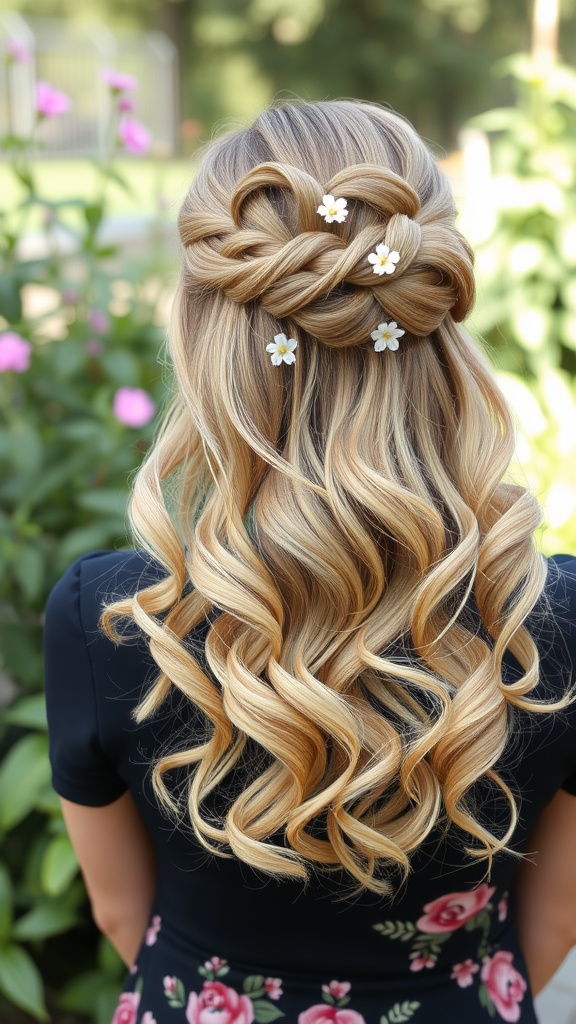 A half-up, half-down hairstyle with curls and flowers, showcasing a stylish look for medium-length hair.