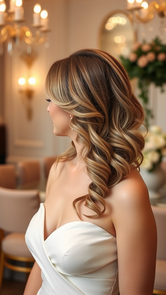 A bridesmaid with half-up half-down hairstyle featuring soft curls, highlighting her elegant look.
