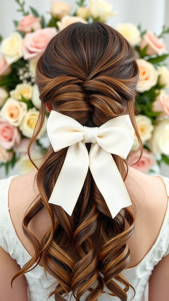 Half-up, half-down ponytail hairstyle with a white bow, surrounded by roses