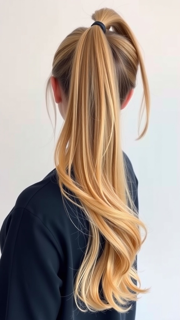 A woman with a half-up half-down ponytail hairstyle featuring long flowing hair.
