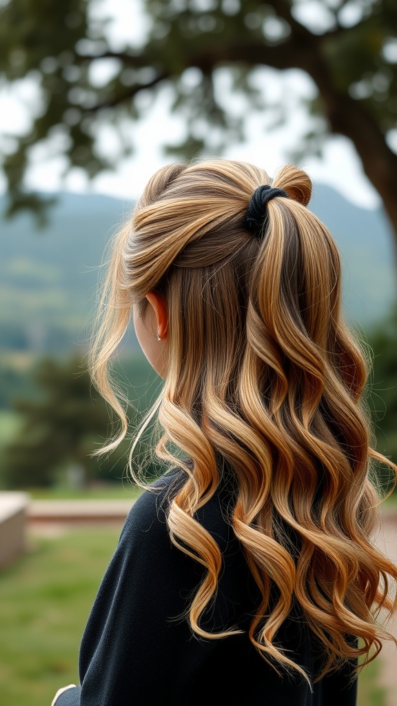 A person with long, wavy hair styled in a half-up half-down ponytail, set against a scenic background.