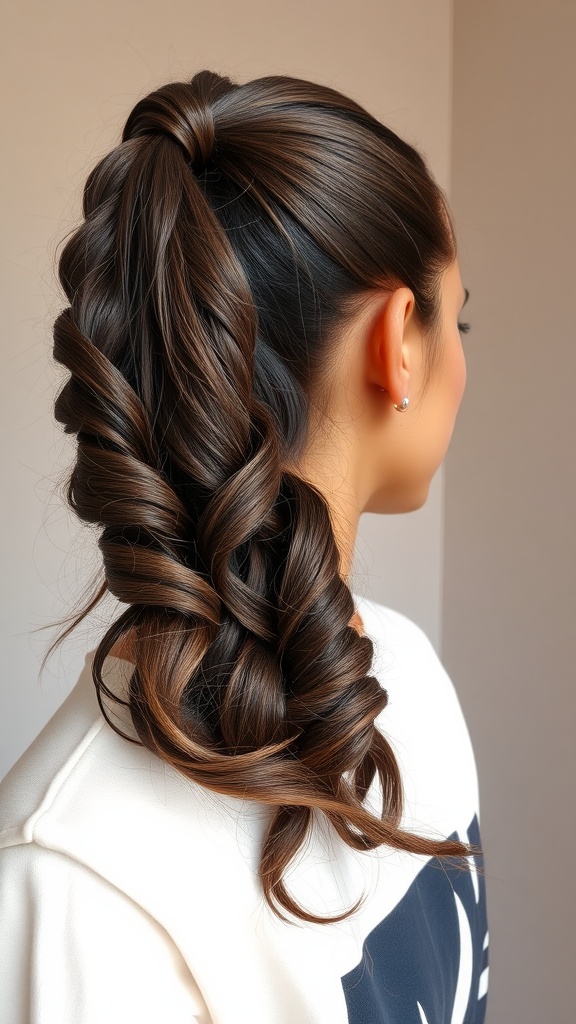 A stylish half-up half-down quick weave ponytail with intricate curls and a glossy finish.