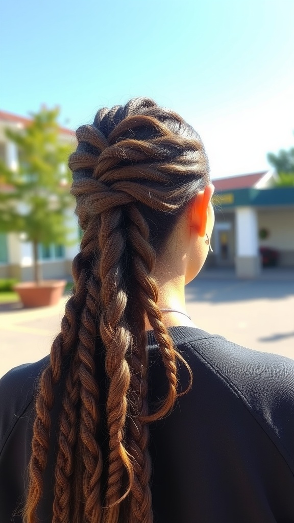 A woman showing a half-up half-down quick weave hairstyle with braids, featuring intricate twists and wavy locks.