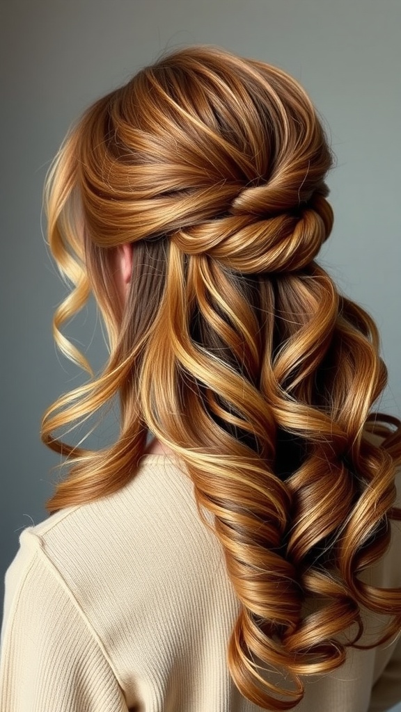 Half-up half-down hairstyle featuring beautiful curls and warm tones.
