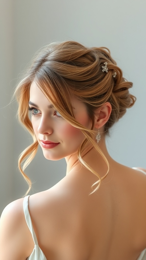 A woman with short hair styled in a half-up half-down hairstyle, featuring soft curls and decorative clips.