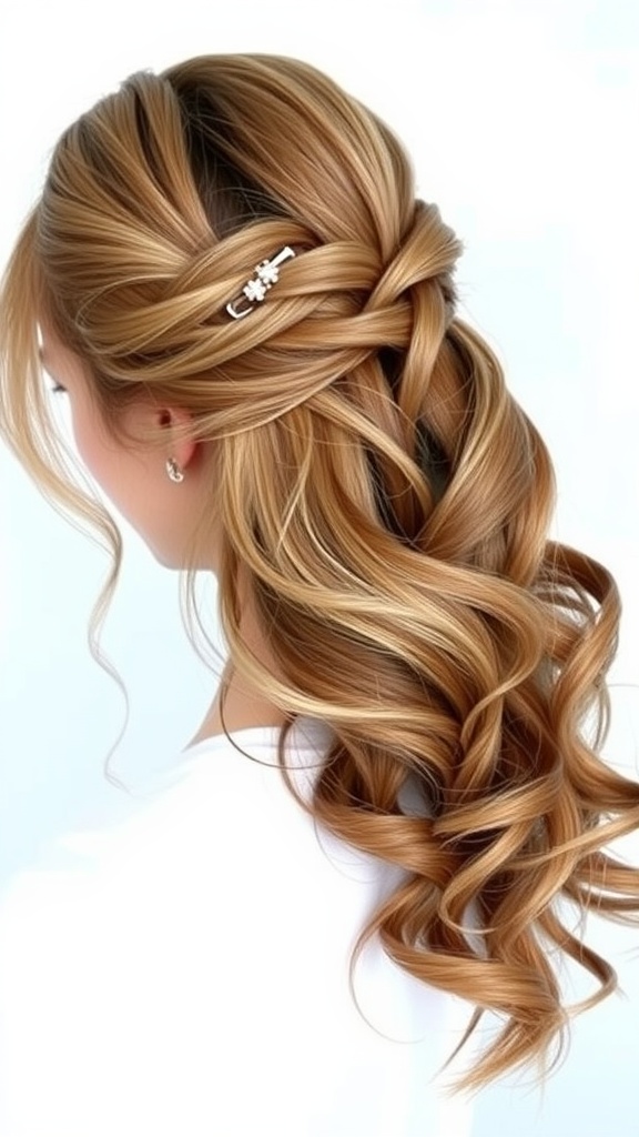 A woman with a half-up half-down twist hairstyle featuring curls and a decorative hairpin