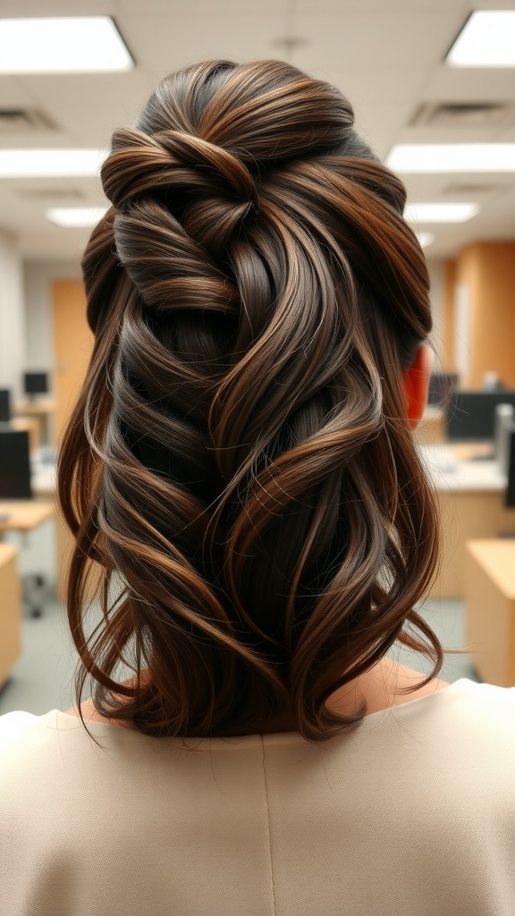 A stylish half-up, half-down twist hairstyle with soft curls, suitable for work.