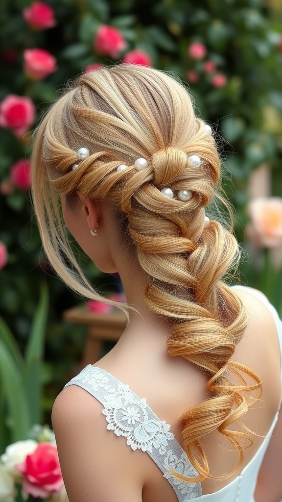 A beautiful half-up half-down twist hairstyle adorned with pearls, showcasing elegant curls and a lovely floral background.