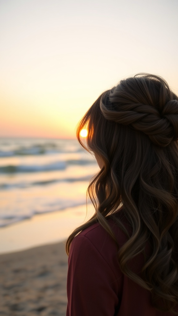A woman with half-up half-down waves hairstyle, overlooking the ocean during sunset.