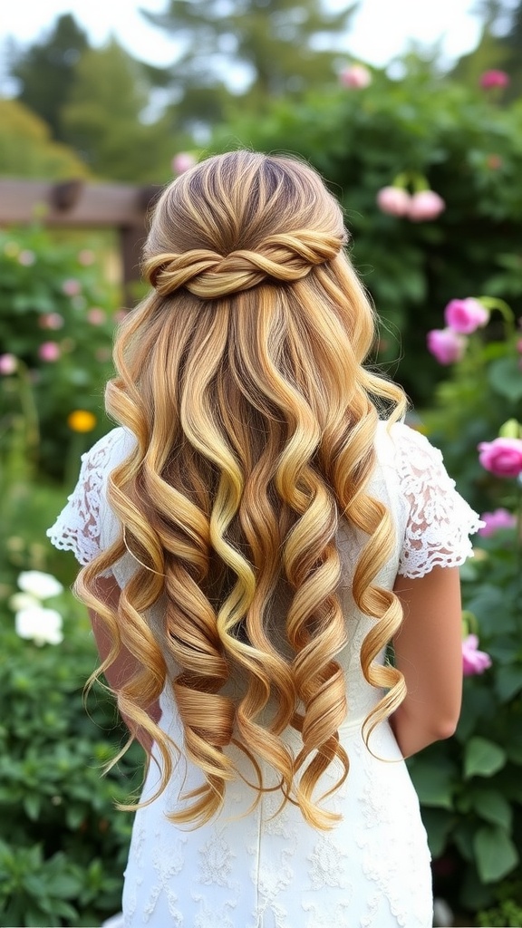 A bride with half-up half-down hairstyle featuring cascading curls and a twisted back, surrounded by flowers.