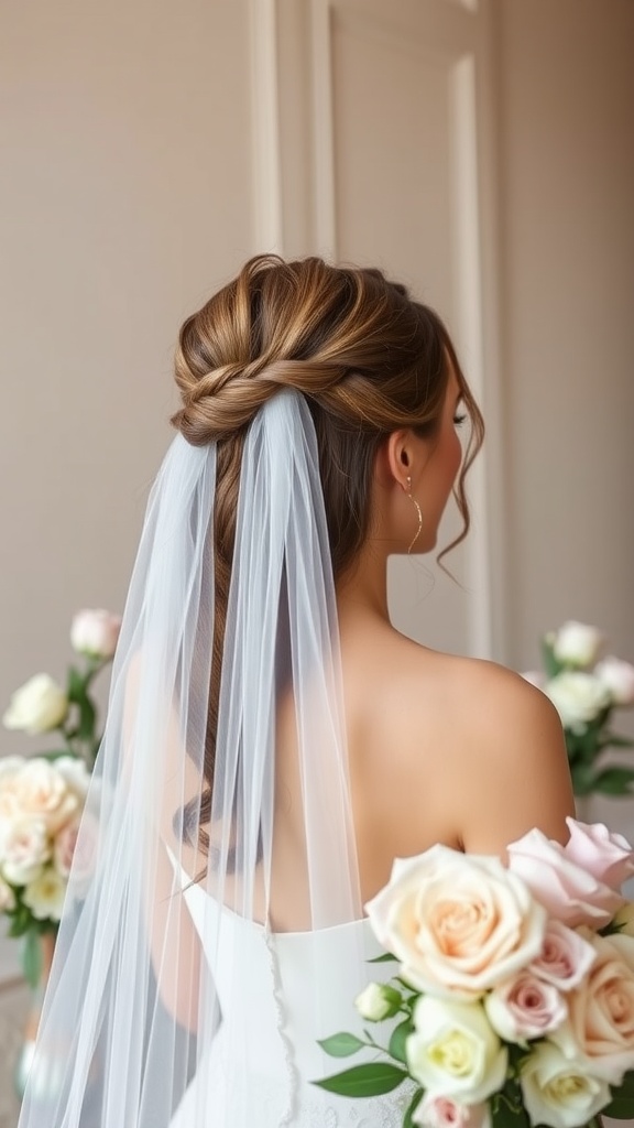 A bride with a half-up half-down hairstyle adorned with a cascading veil, holding a bouquet of roses.