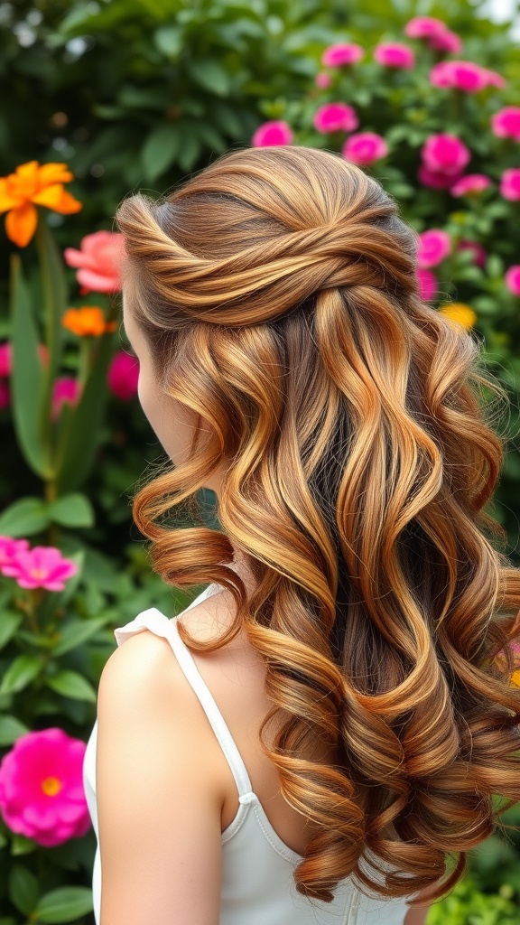 A woman with a half-up half-down hairstyle featuring soft curls, surrounded by colorful flowers.