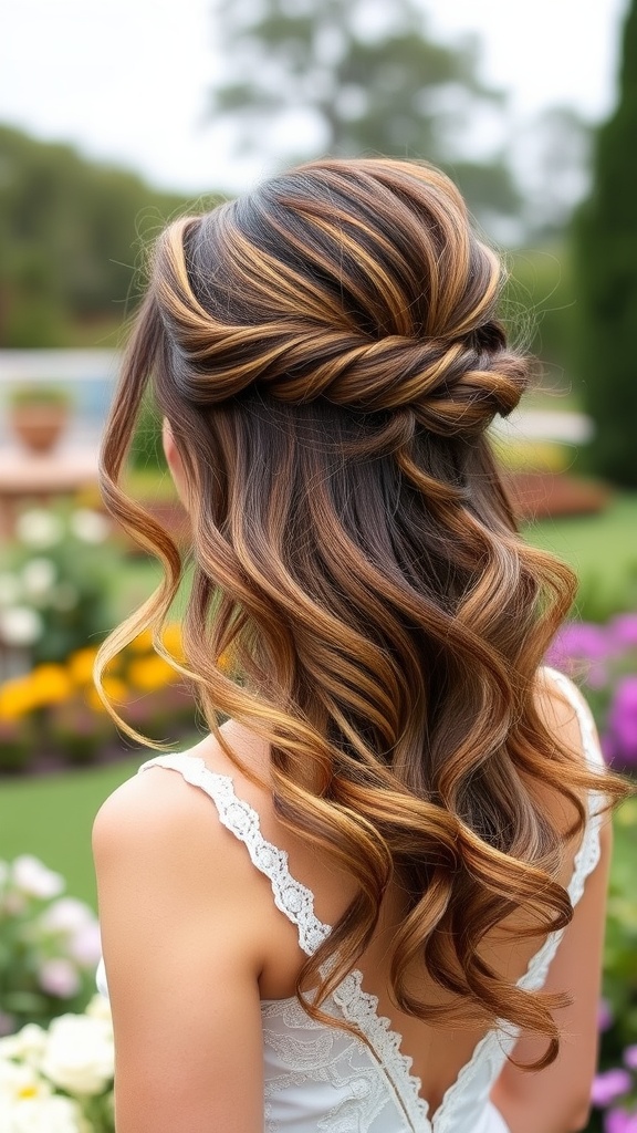 A hairstyle featuring half-up half-down with loose waves, showcasing elegance and natural beauty.