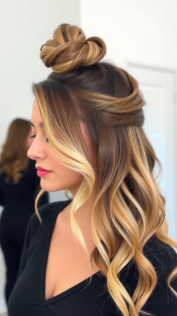 A woman with half-up half-down hairstyle featuring a side part and a top knot, showcasing soft waves.
