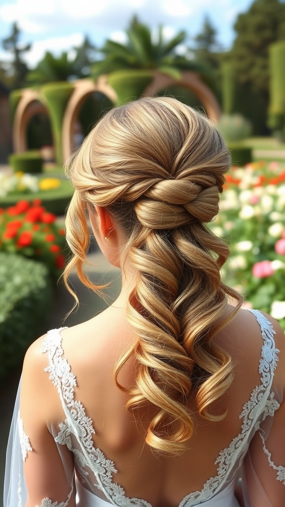 A bride with a half-up knotted hairstyle featuring soft curls, set against a flower-filled garden.
