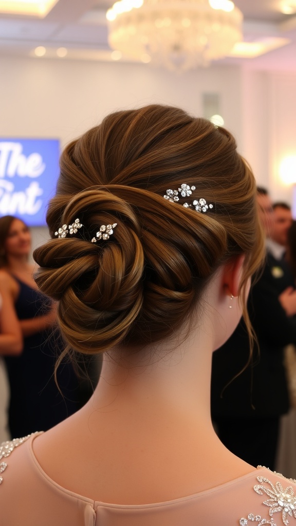 A beautiful half-up messy bun hairstyle adorned with sparkling hairpins, showcasing an elegant yet relaxed look for a wedding.