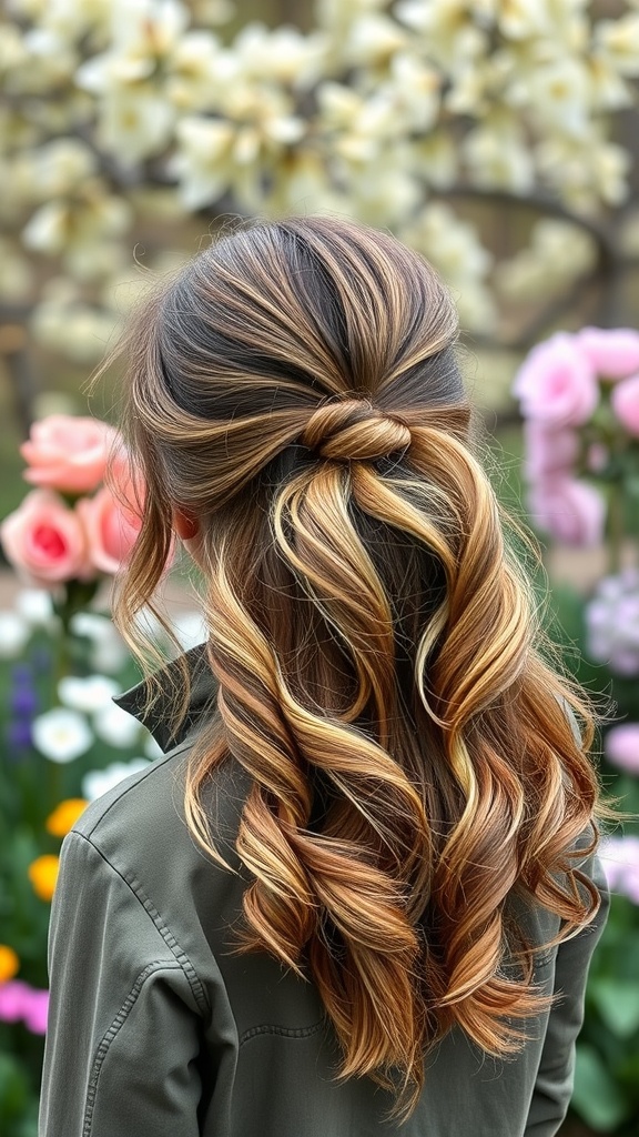 Half-up messy ponytail hairstyle with waves and texture, featuring a twisted section and cascading curls.