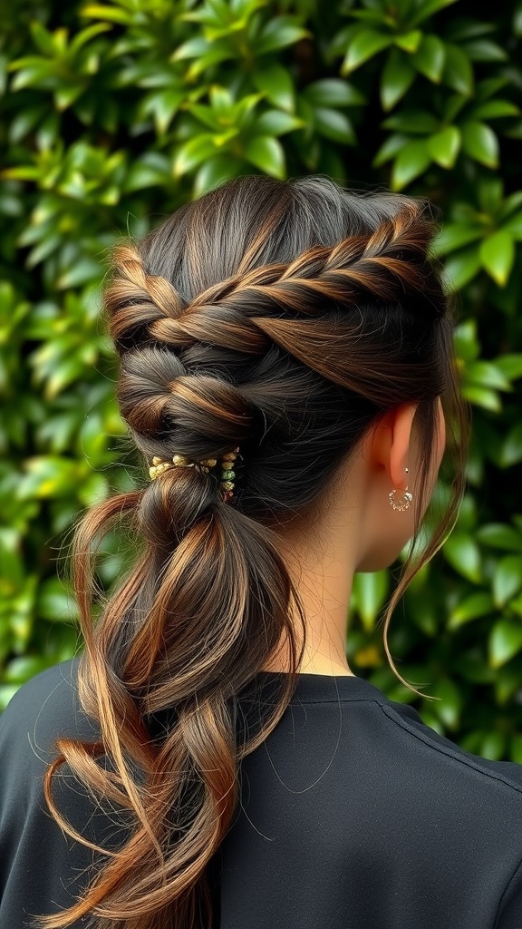 A woman with a half-up mid ponytail decorated with beads, showcasing braided hair against a green leafy background.