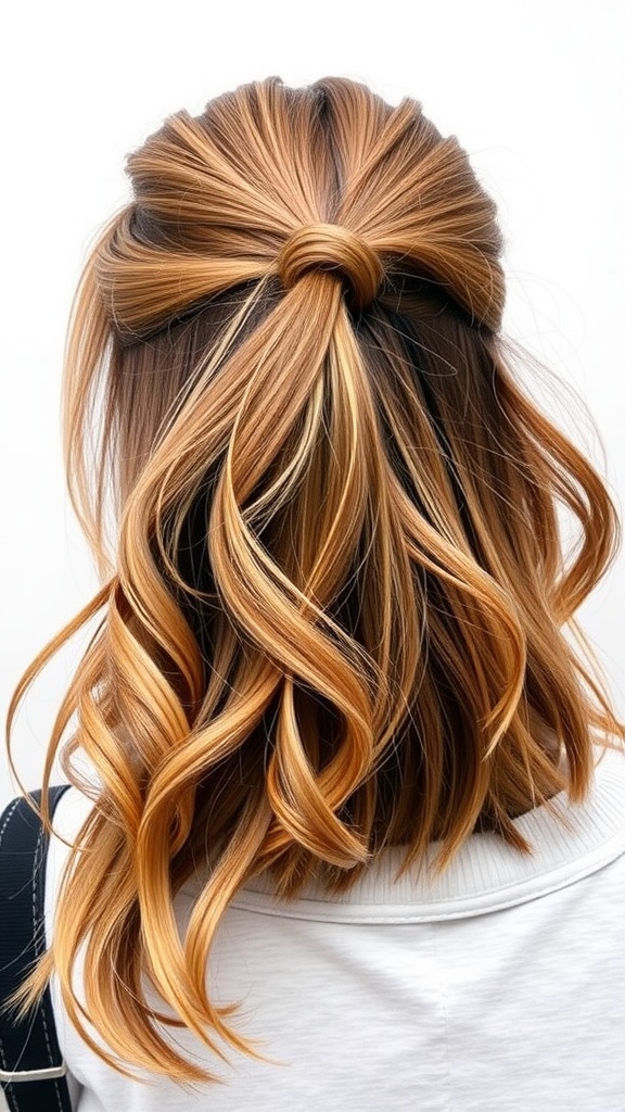 A stylish half-up ponytail with loose curls and warm hair tones.