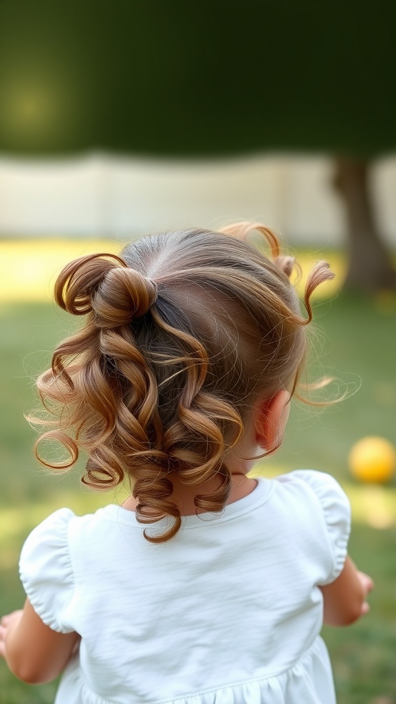 A toddler with a half-up ponytail hairstyle featuring beautiful curls.