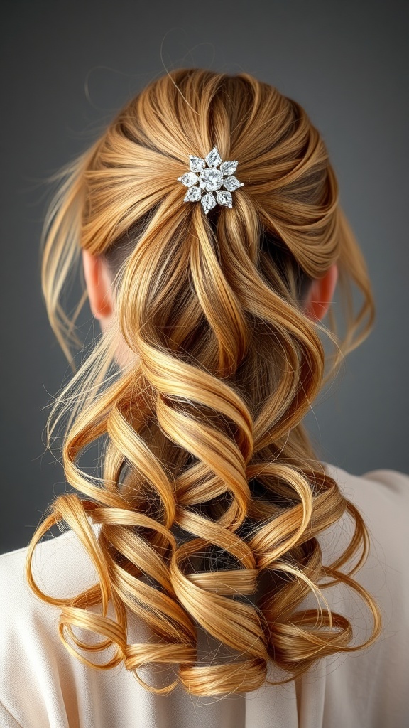 Half-up ponytail hairstyle with curls and a decorative clip