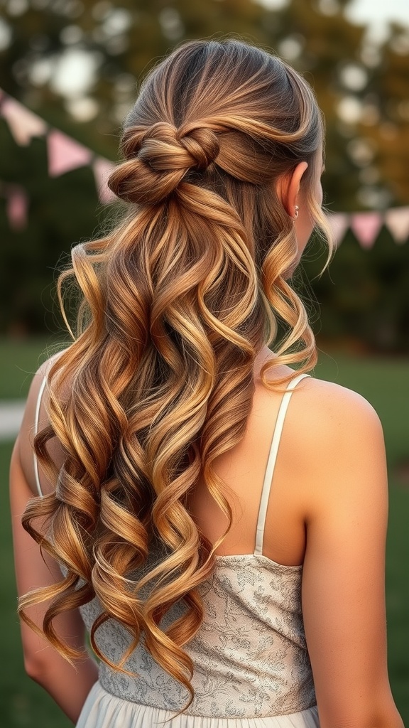 A woman with a half-up ponytail and loose curls, showcasing a stylish hairstyle.
