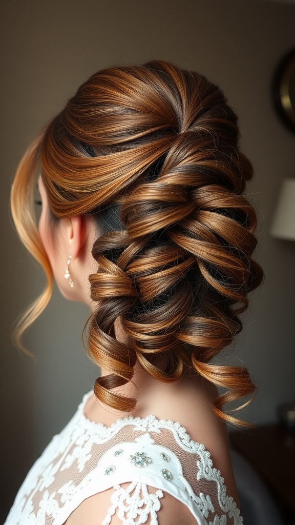 A woman with a half-up ponytail hairstyle featuring twists and curls, wearing a beautiful white dress.
