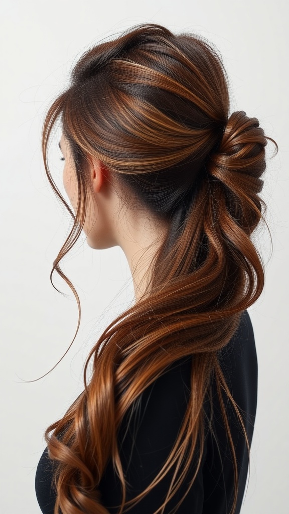 A woman with a half-up side ponytail showcasing soft waves and bright copper highlights.