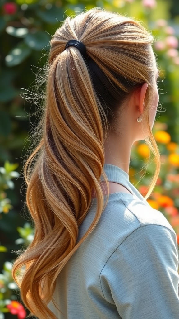 A woman with a stylish half-up slick back ponytail, showcasing smooth and flowing hair.