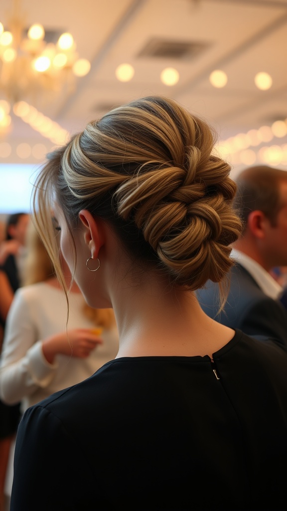 A woman with a half-up twist hairstyle, showcasing a stylish and elegant look.