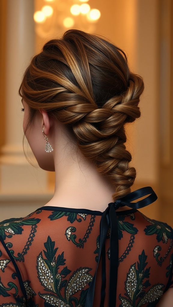 A woman with a half-up twist hairstyle featuring a braid, showcasing a stylish and elegant look.
